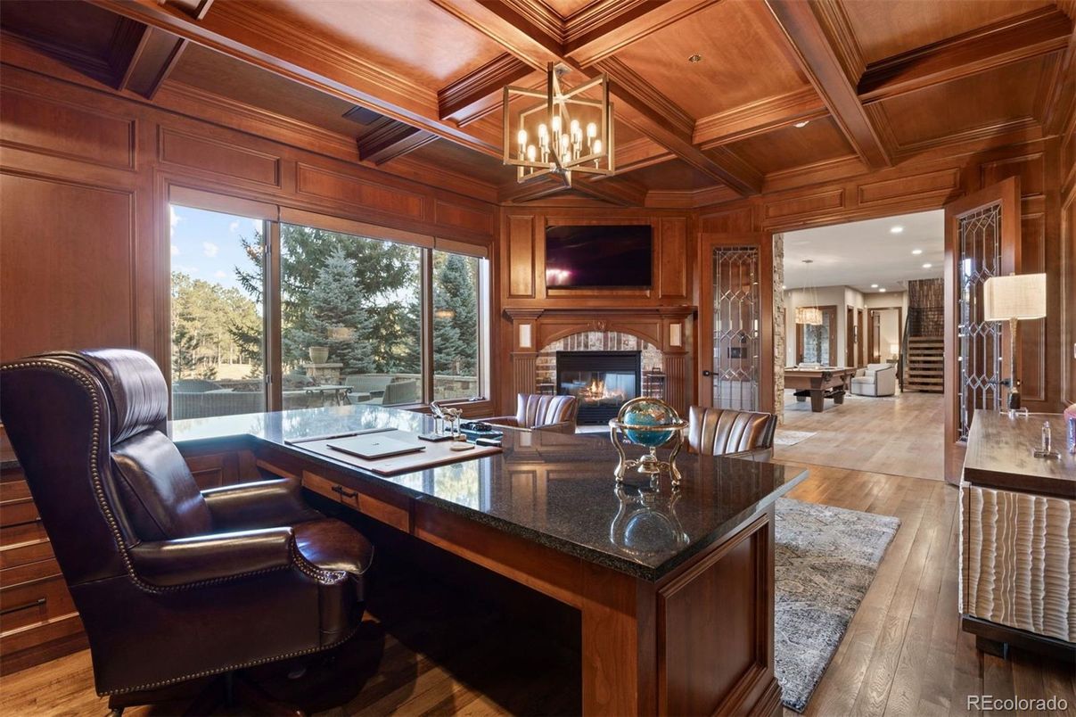 Chandelier, Fireplace, Home Office, Interior, Kitchen, Pendant Lights, Recessed Lighting, Wooden Beams, Wooden Ceilings, Wood Texture Flooring, Wooden Walls