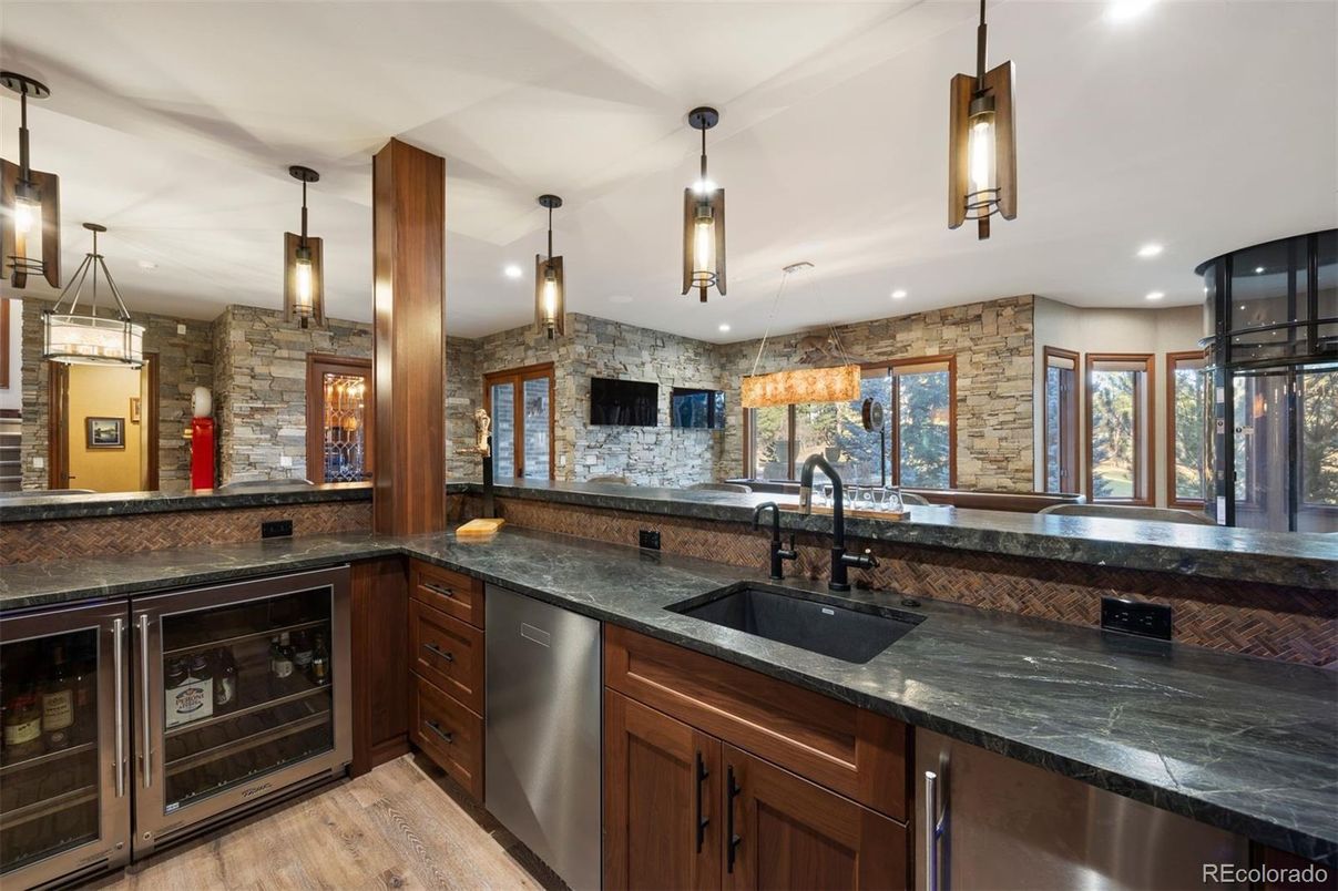 Interior, Kitchen, Pendant Lights, Recessed Lighting, Stone Walls, Wood Texture Flooring