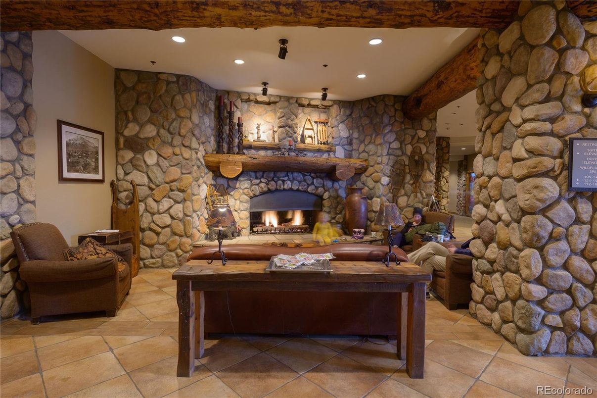 Fireplace, Interior, Recessed Lighting, Stone Walls