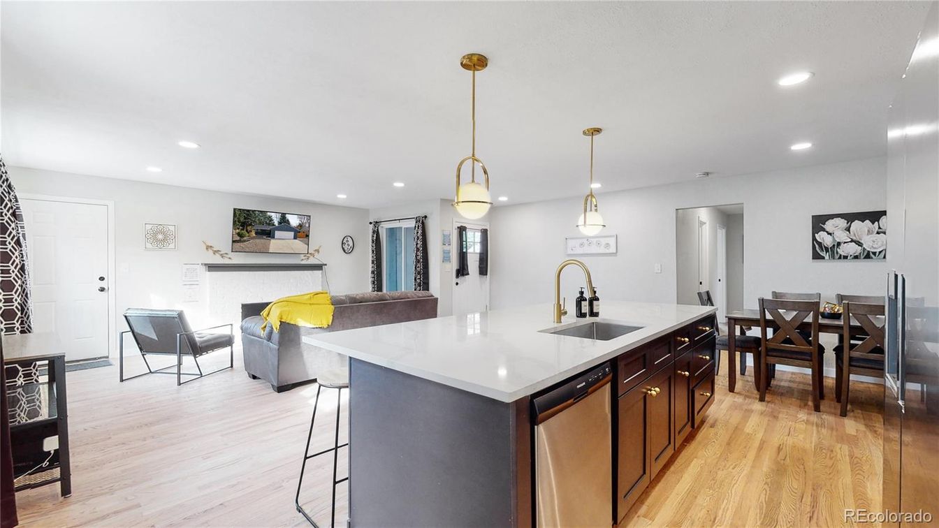 Dining room, Fireplace, Interior, Kitchen, Pendant Lights, Recessed Lighting, Wood Texture Flooring
