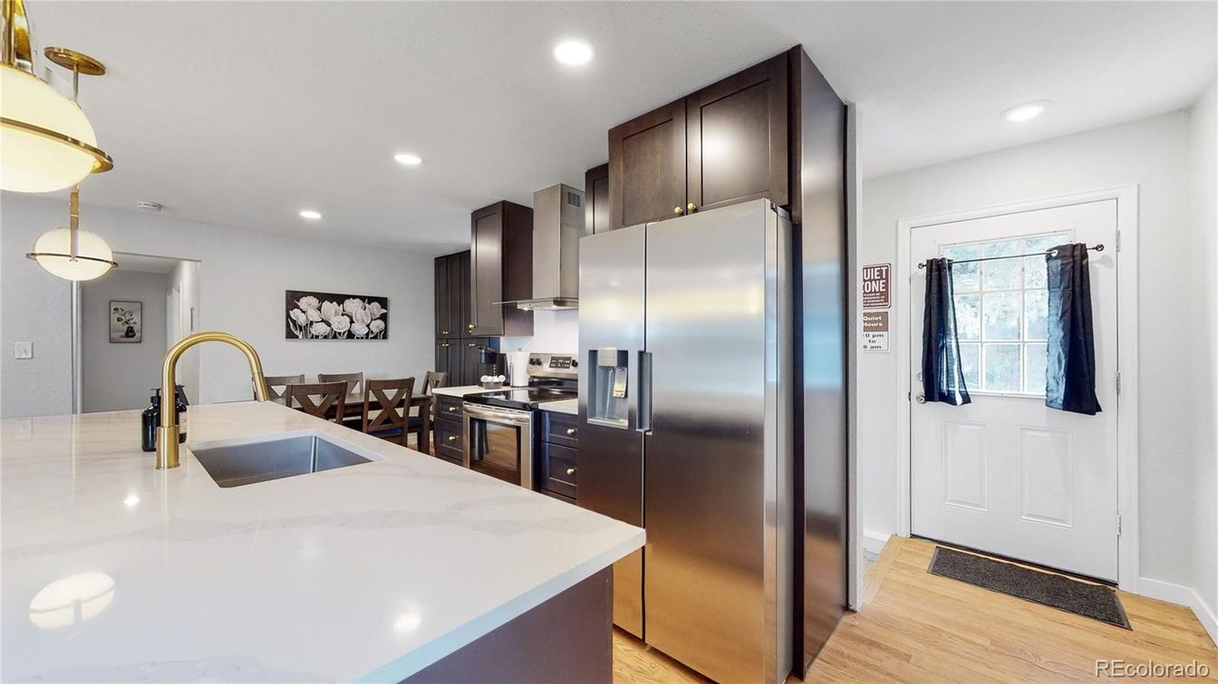 Interior, Kitchen, Pendant Lights, Recessed Lighting, Stainless Steel Appliances, Wood Texture Flooring