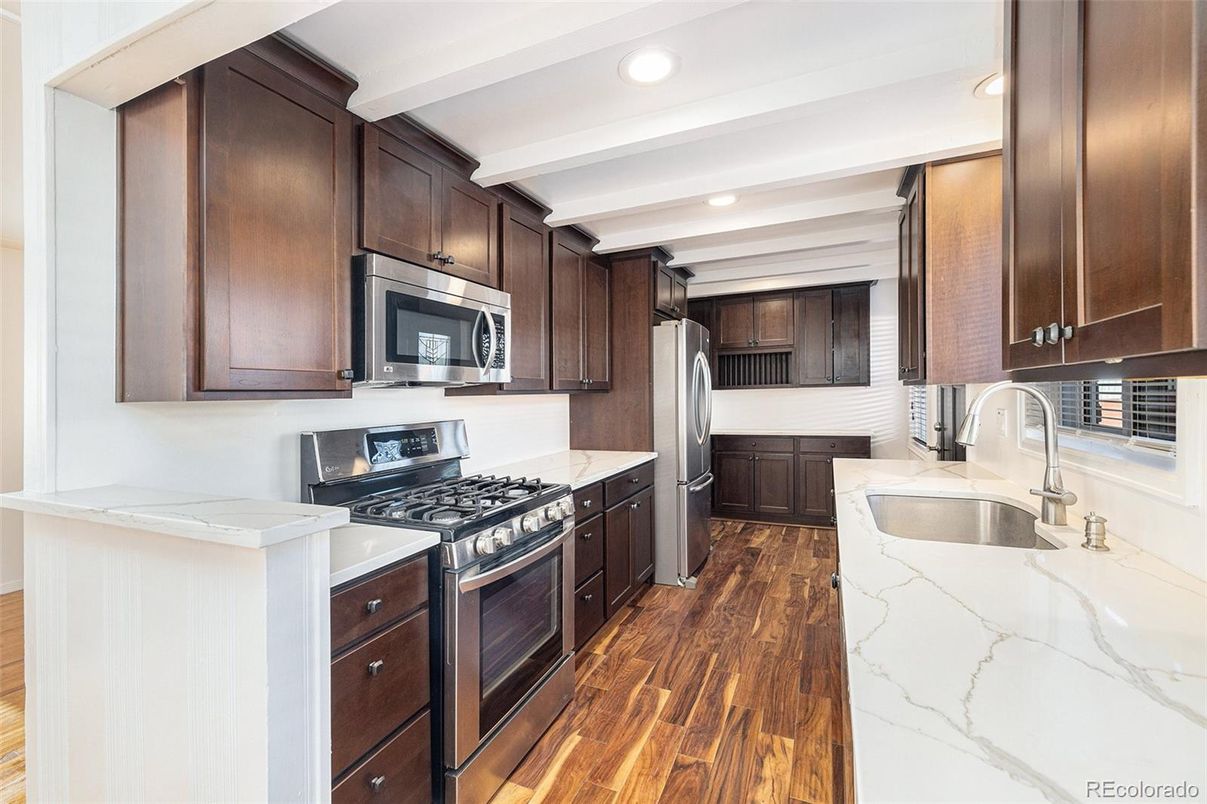 Interior, Kitchen, Recessed Lighting, Stainless Steel Appliances, Wood Texture Flooring