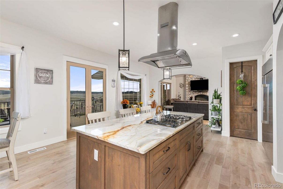 Dining room, Fireplace, Interior, Kitchen, Living room, Pendant Lights, Recessed Lighting, Wood Texture Flooring