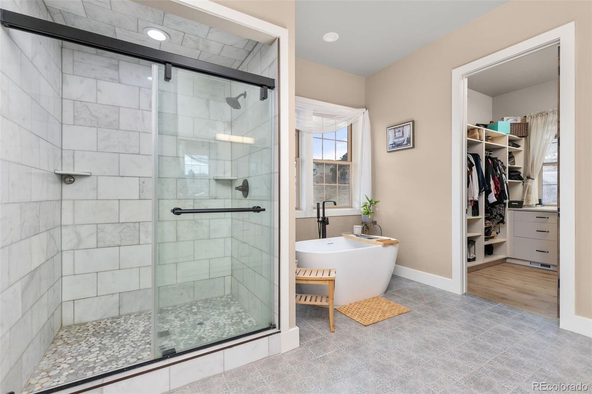Bathroom, Free Standing Baths, Glass Shower, Interior, Recessed Lighting, Walk-in Closets, Wood Texture Flooring