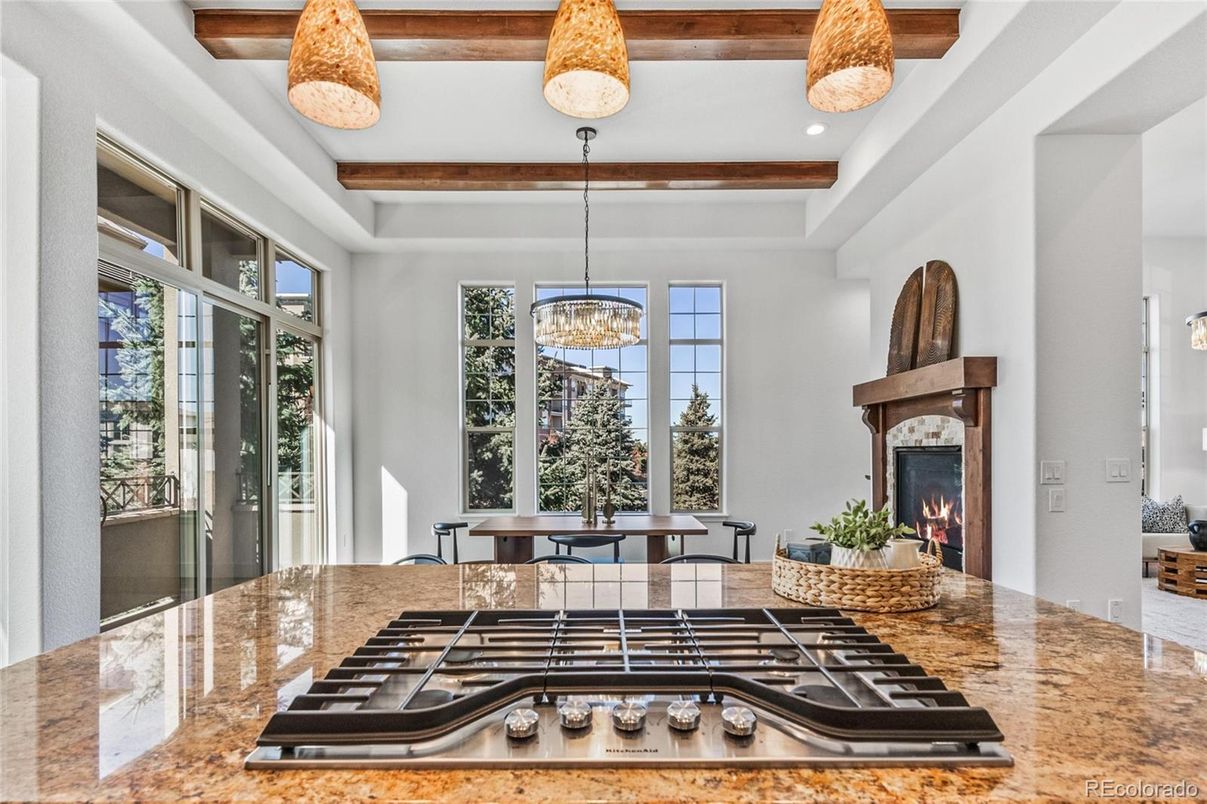 Chandelier, Fireplace, Interior, Kitchen, Pendant Lights, Recessed Lighting, Wooden Beams