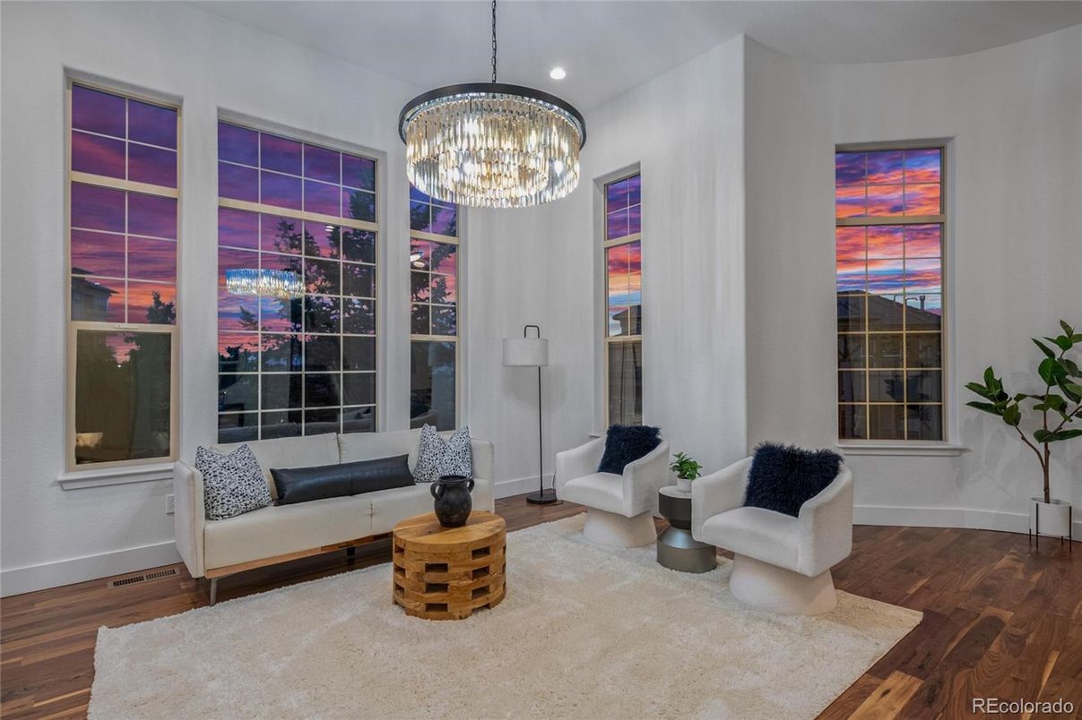 Chandelier, Interior, Living room, Recessed Lighting, Wood Texture Flooring