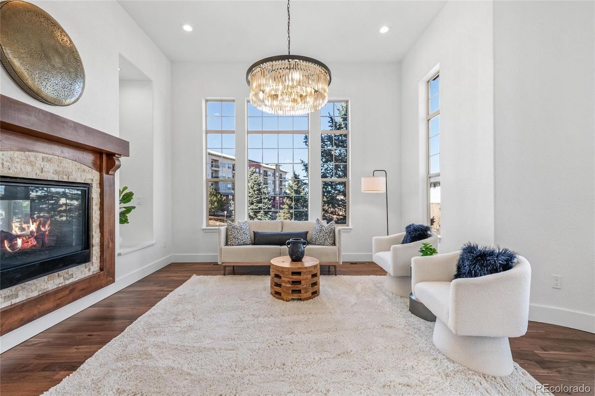 Chandelier, Fireplace, Interior, Living room, Recessed Lighting, Wood Texture Flooring
