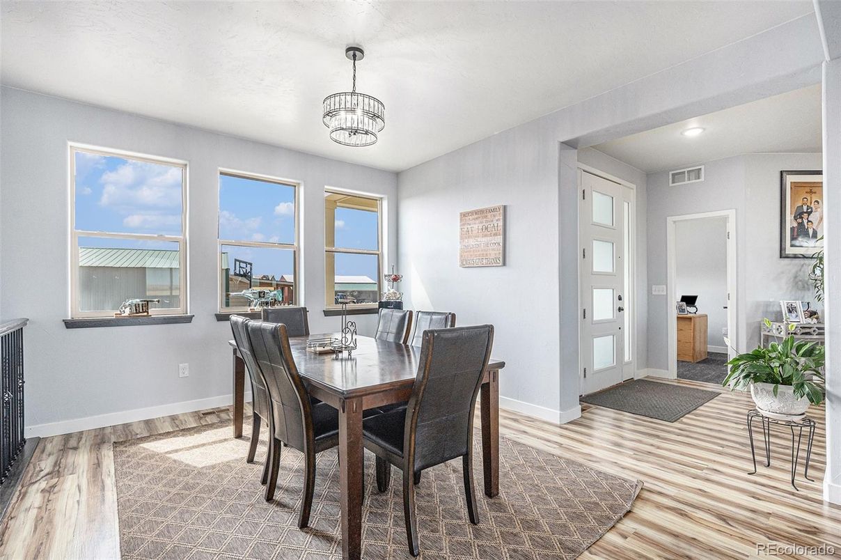 Dining room, Interior, Recessed Lighting, Wood Texture Flooring