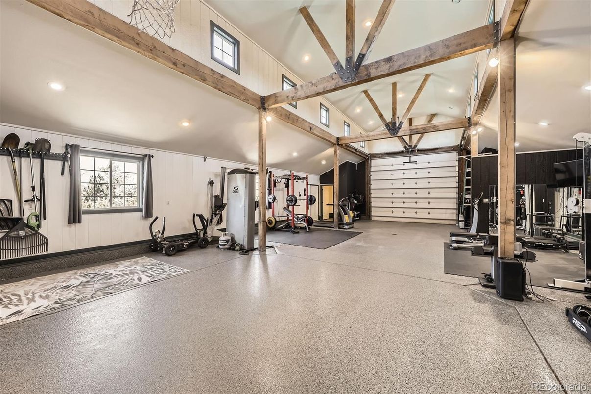 Fitness Equipment, Gym, Interior, Recessed Lighting, Wooden Beams