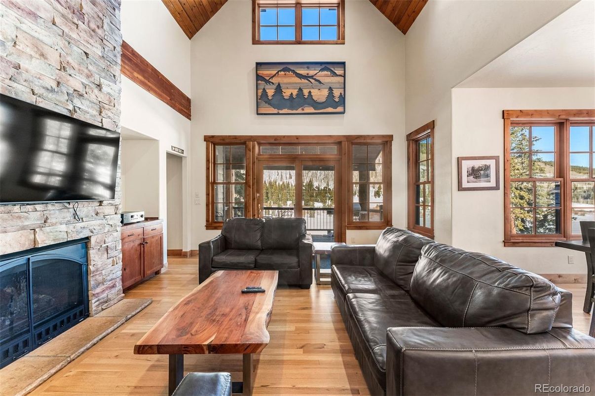 Fireplace, Interior, Living room, Stone Walls, Wooden Beams, Wood Texture Flooring
