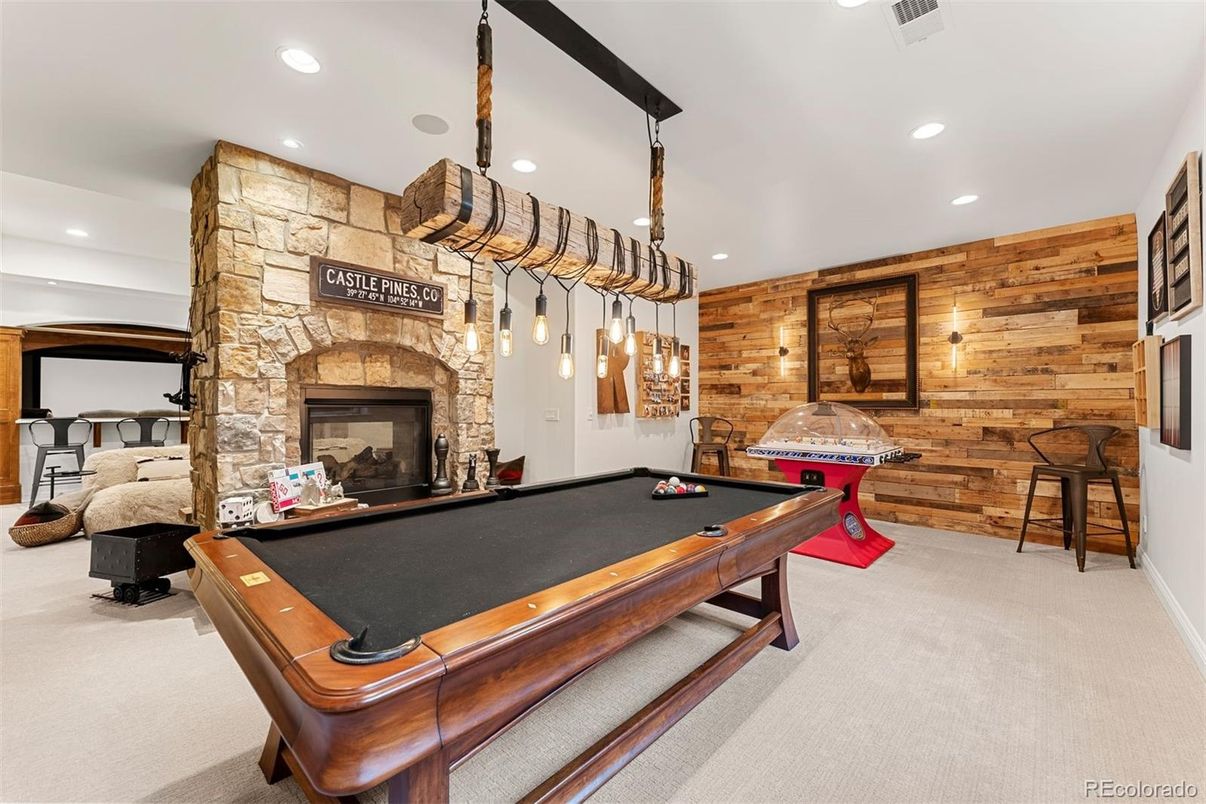 Billiard Table, Fireplace, Game Room, Interior, Pendant Lights, Recessed Lighting, Stone Walls, Wooden Walls