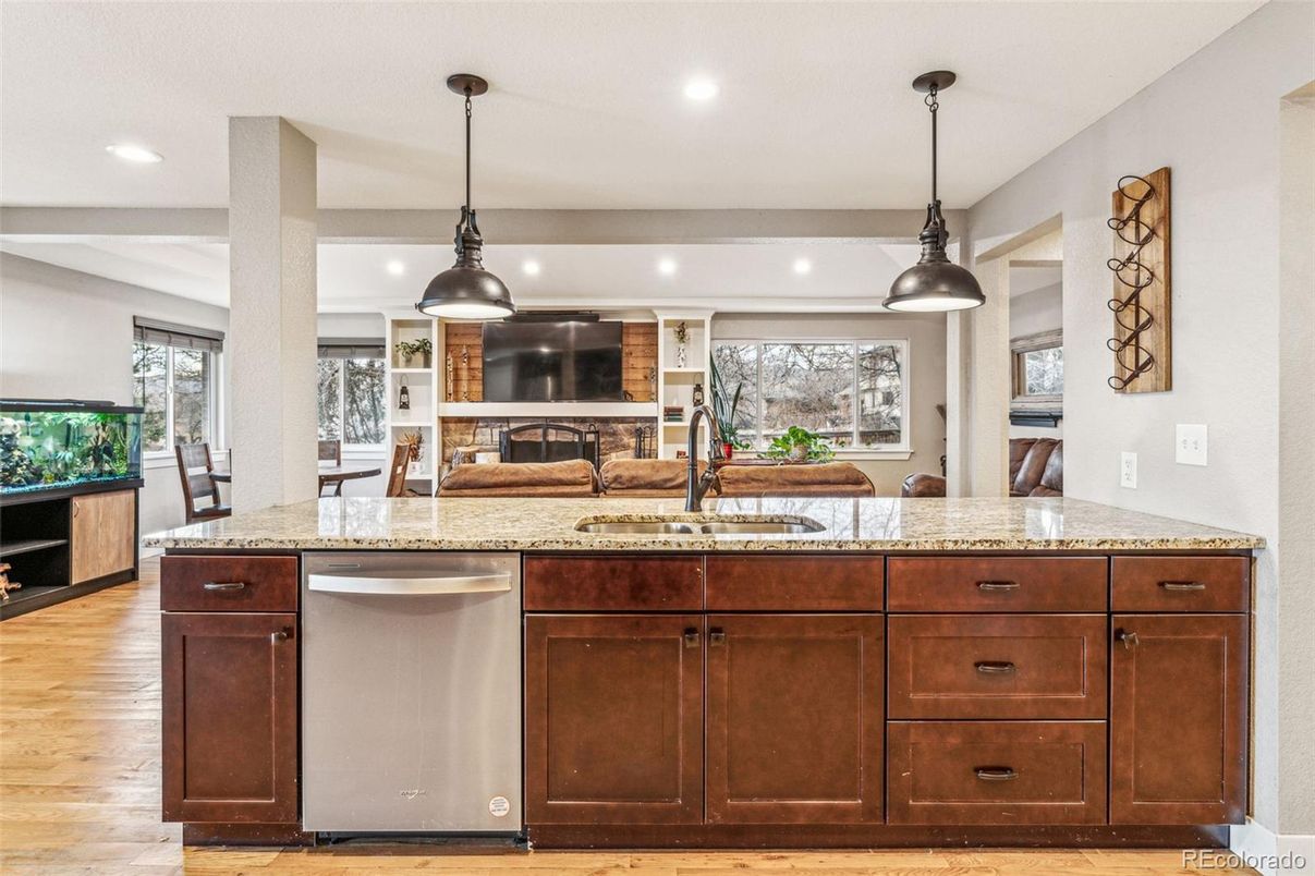 Dining room, Fireplace, Interior, Kitchen, Pendant Lights, Recessed Lighting, Wood Texture Flooring