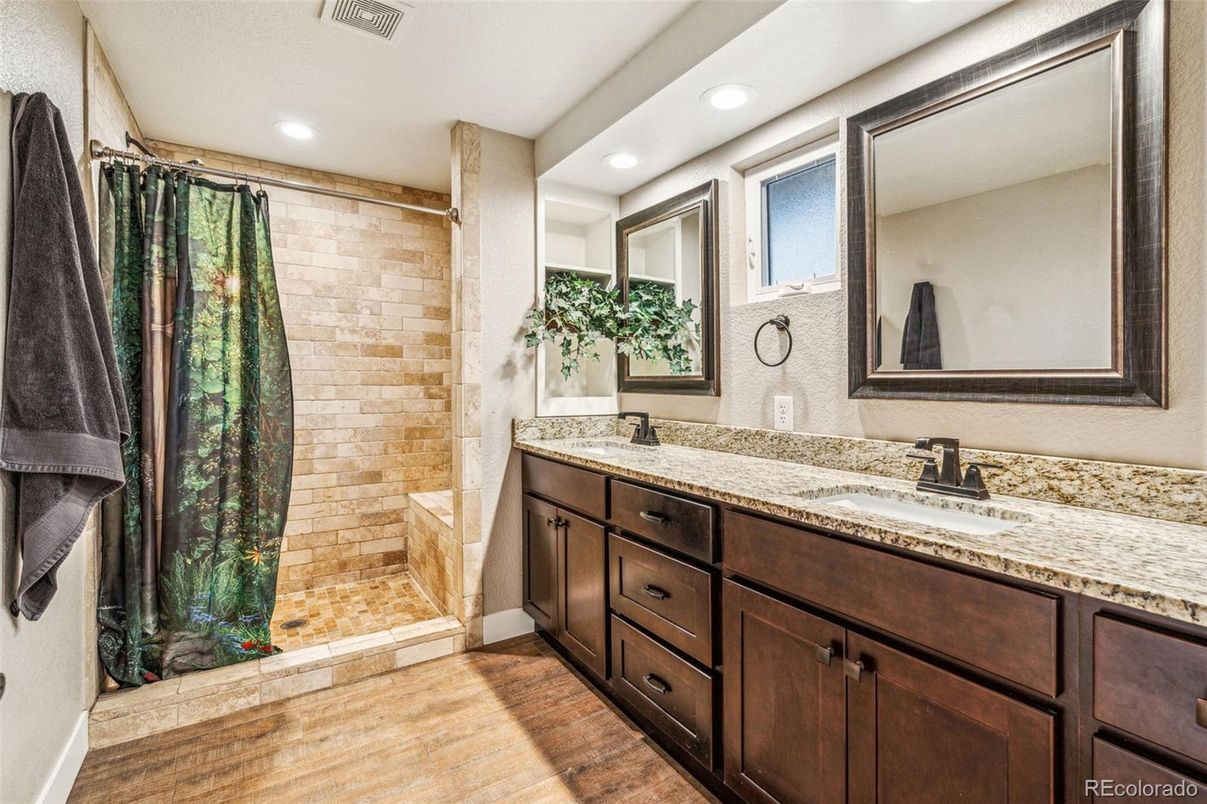 Bathroom, Dual Sink Vanities, Interior, Recessed Lighting, Wood Texture Flooring