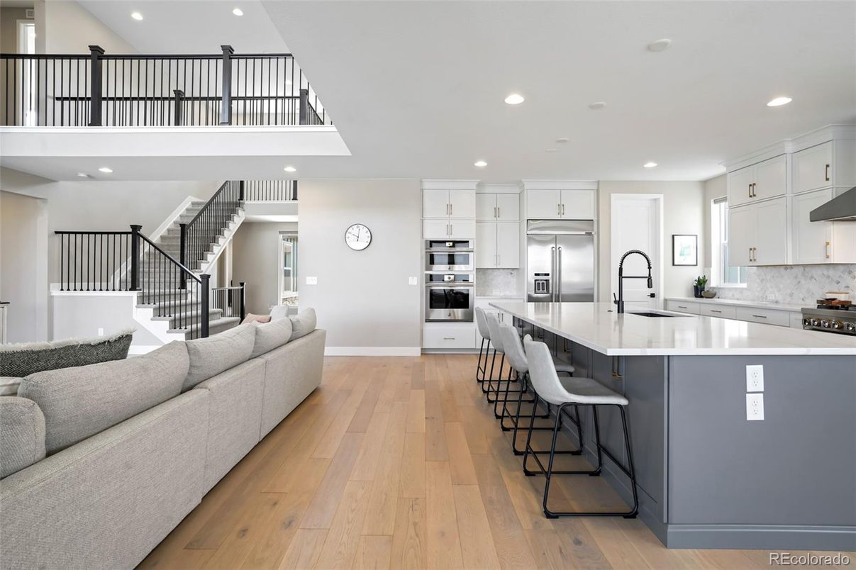 Interior, Kitchen, Living room, Recessed Lighting, Stainless Steel Appliances, Wood Texture Flooring