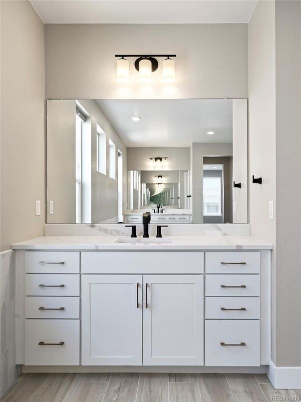 Bathroom, Dual Sink Vanities, Interior, Wood Texture Flooring