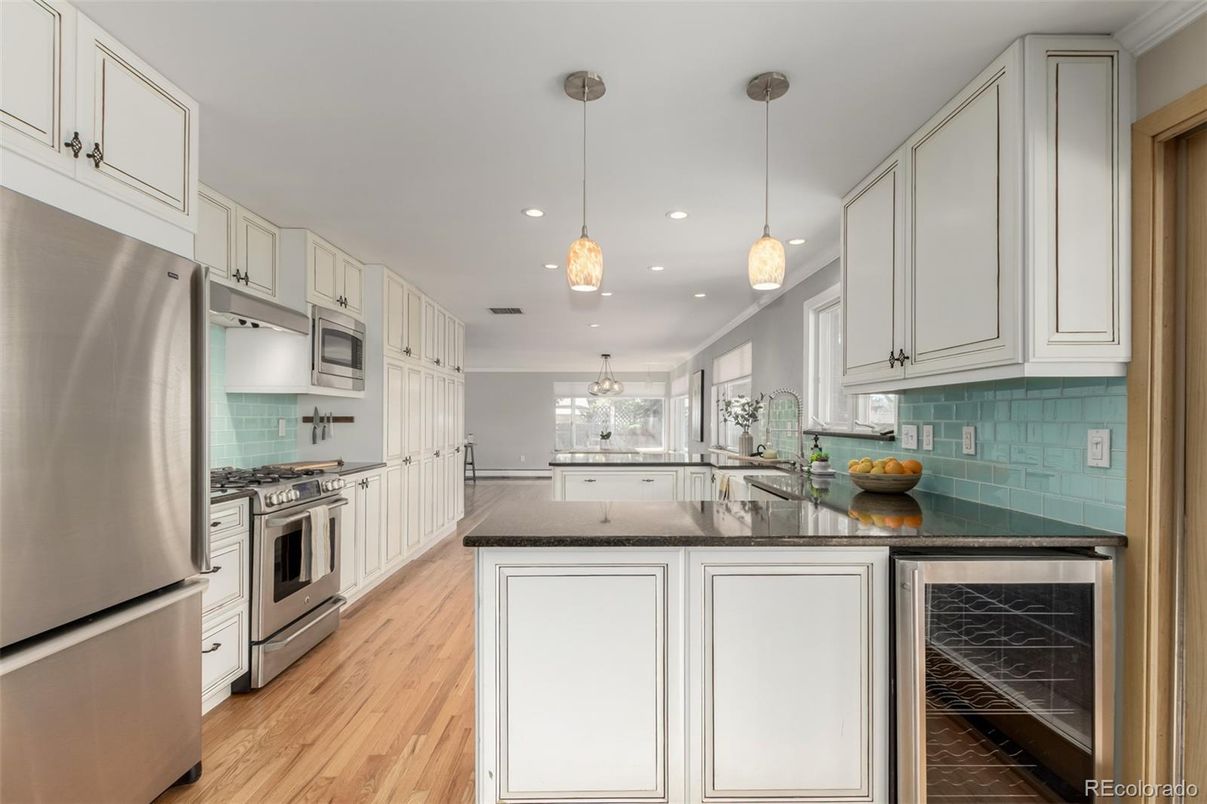 Interior, Kitchen, Pendant Lights, Recessed Lighting, Stainless Steel Appliances, Wood Texture Flooring