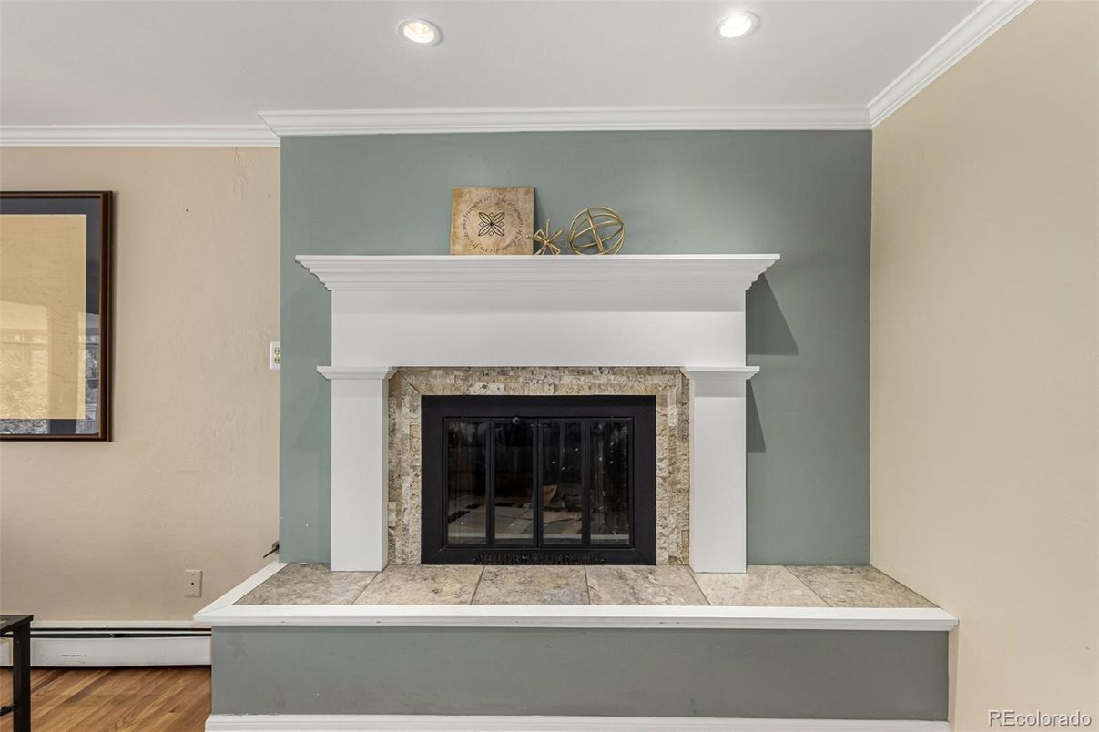 Fireplace, Interior, Recessed Lighting, Wood Texture Flooring