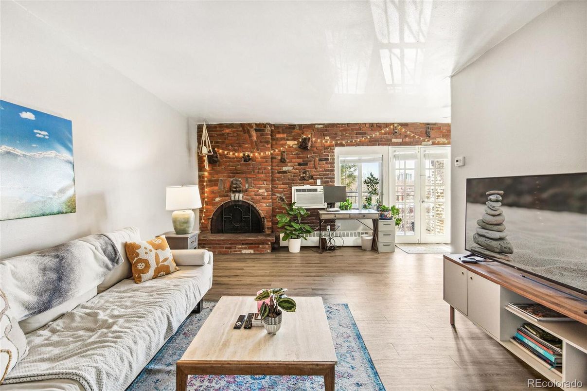 Fireplace, Home Office, Interior, Living room, Stone Walls, Wood Texture Flooring