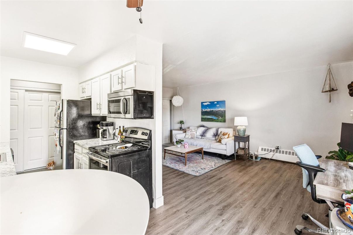 Interior, Kitchen, Living room, Stainless Steel Appliances, Wood Texture Flooring