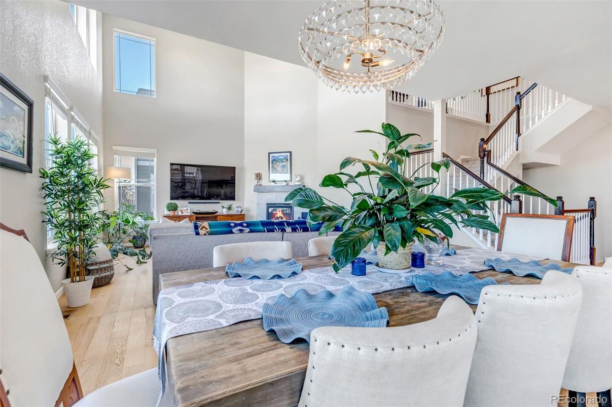 Chandelier, Dining room, Fireplace, Interior, Living room, Wood Texture Flooring