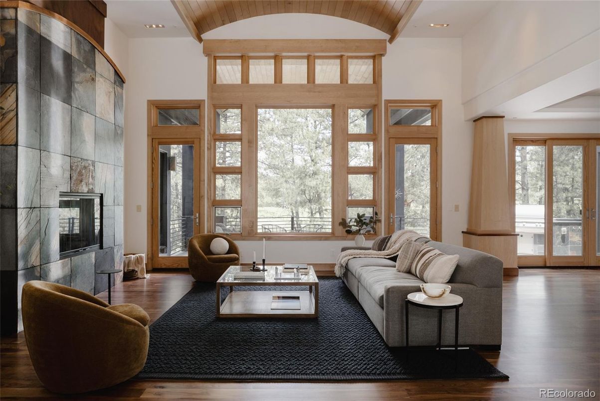 Fireplace, Interior, Living room, Recessed Lighting, Wooden Ceilings, Wood Texture Flooring
