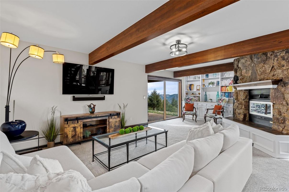Dining room, Fireplace, Interior, Living room, Wooden Beams