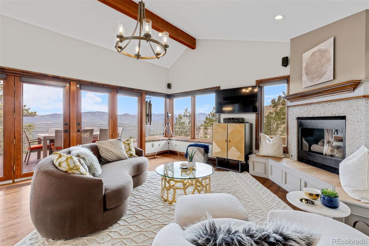 Fireplace, Interior, Living room, Pendant Lights, Recessed Lighting, Wooden Beams, Wood Texture Flooring