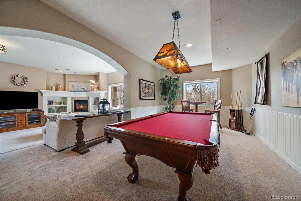 Billiard Table, Fireplace, Game Room, Interior, Pendant Lights, Recessed Lighting