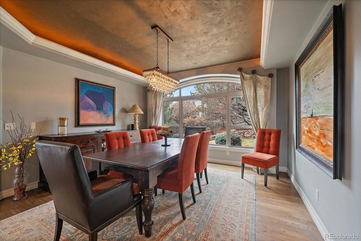 Chandelier, Dining room, Interior, Wood Texture Flooring