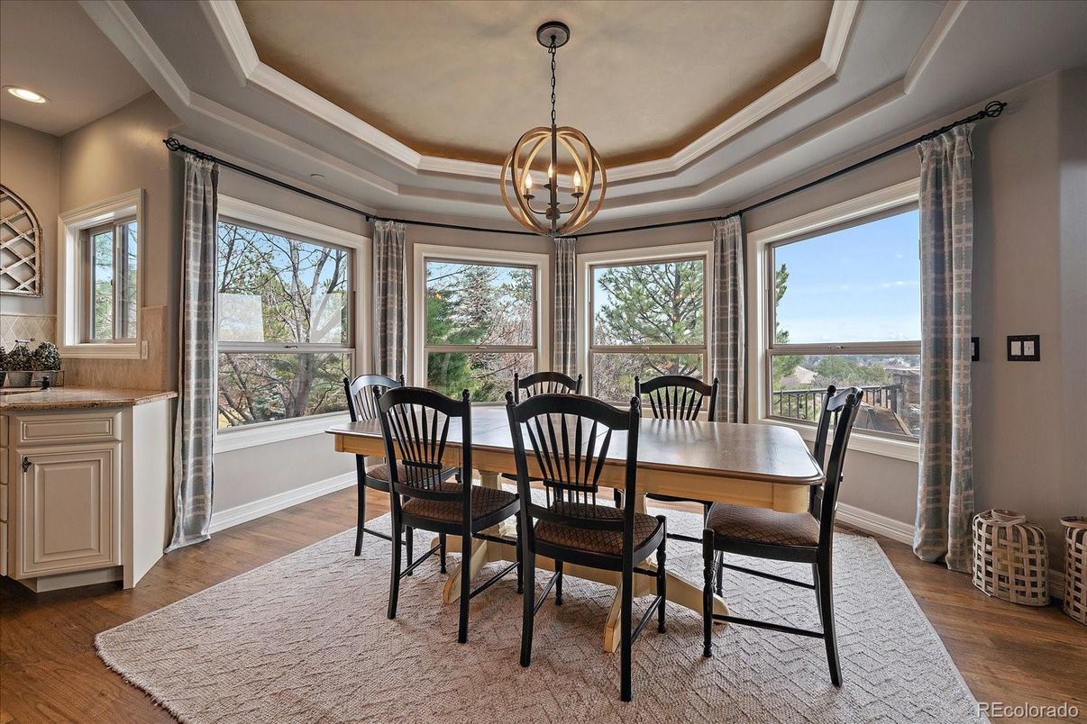 Dining room, Interior, Pendant Lights, Recessed Lighting, Wood Texture Flooring