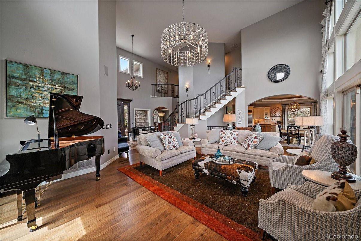 Chandelier, Interior, Living room, Pendant Lights, Piano, Wood Texture Flooring