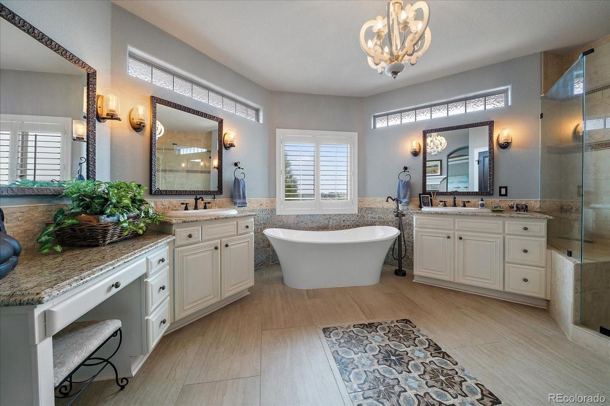 Bathroom, Chandelier, Dual Sink Vanities, Free Standing Baths, Glass Shower, Interior, Wood Texture Flooring