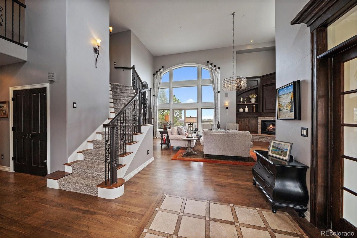 Chandelier, Fireplace, Interior, Living room, Recessed Lighting, Wood Texture Flooring