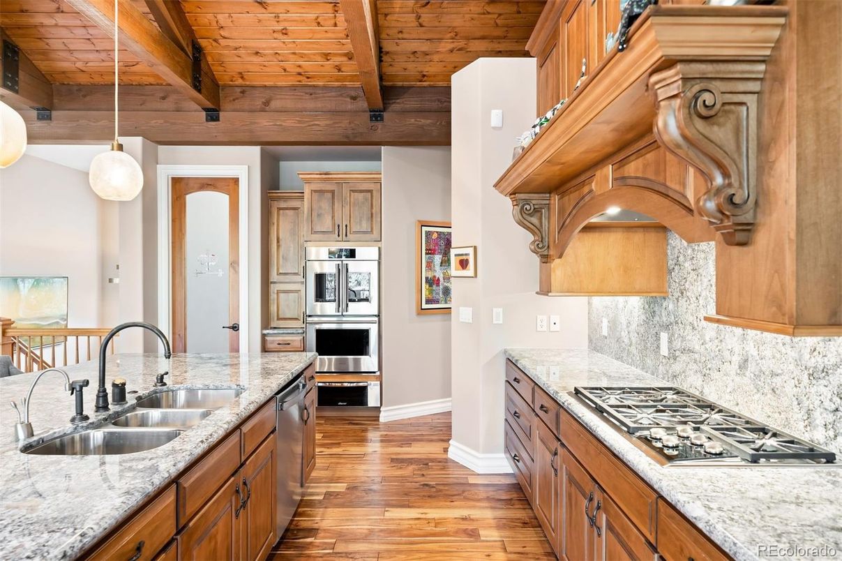 Interior, Kitchen, Pendant Lights, Stainless Steel Appliances, Wooden Beams, Wooden Ceilings, Wood Texture Flooring