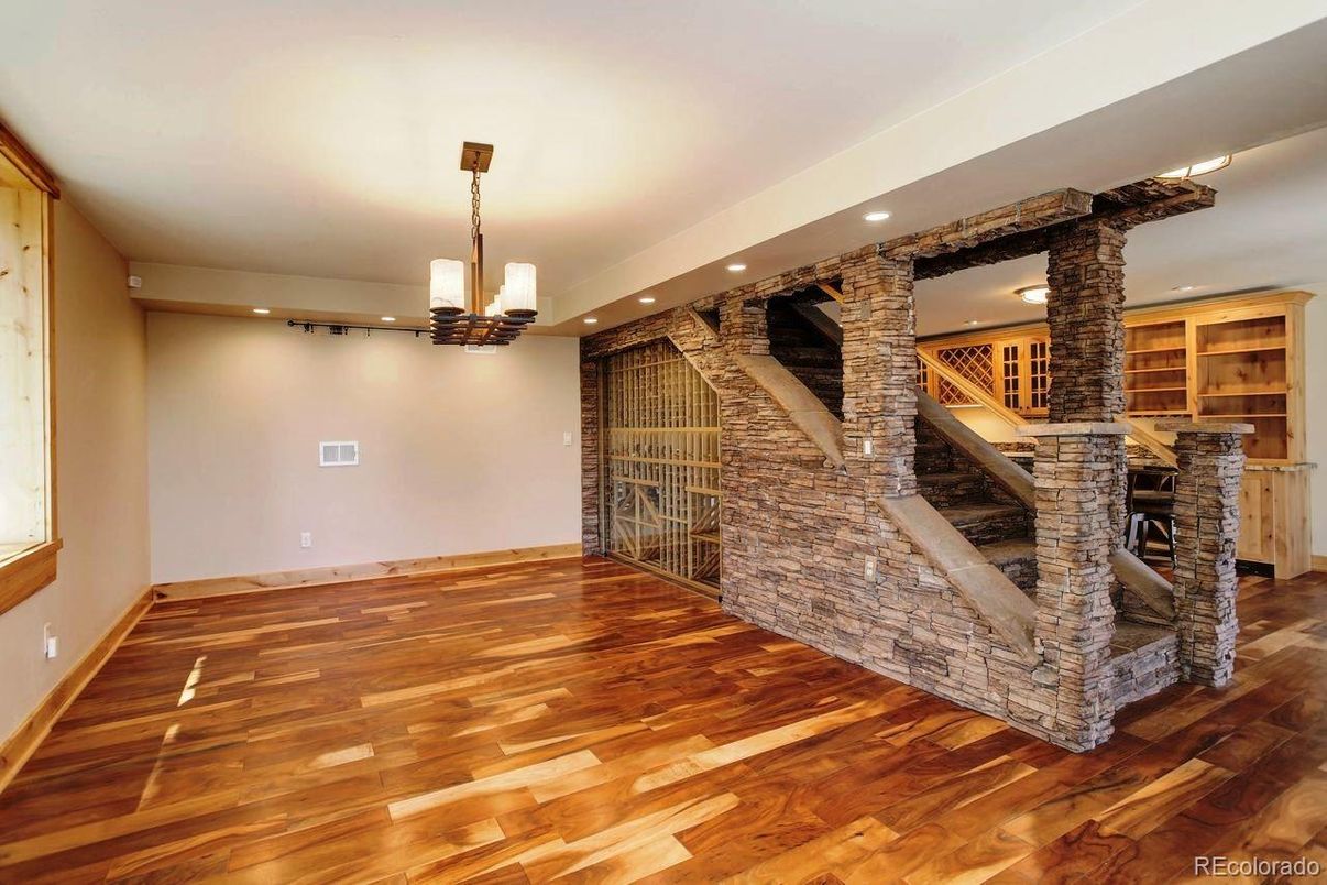 Interior, Pendant Lights, Recessed Lighting, Stone Walls, Wood Texture Flooring