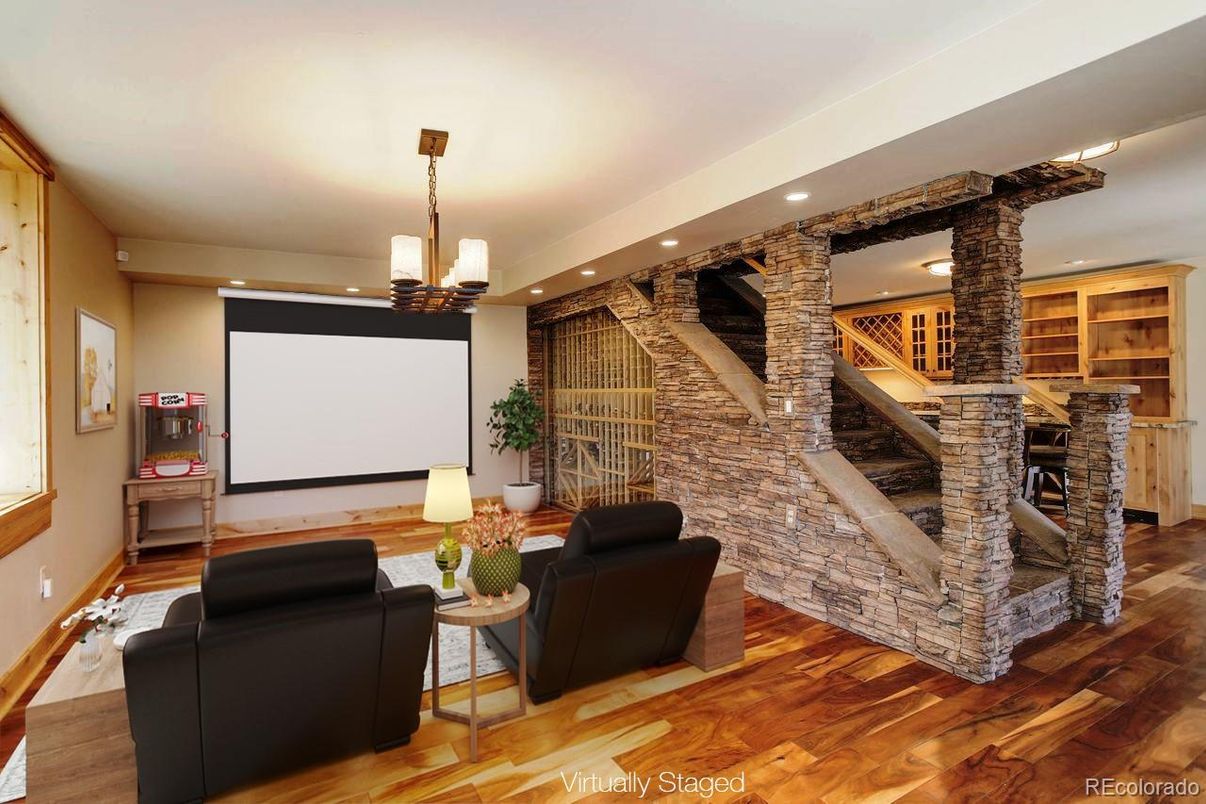 Interior, Pendant Lights, Projection Screen, Recessed Lighting, Stone Walls, Wood Texture Flooring