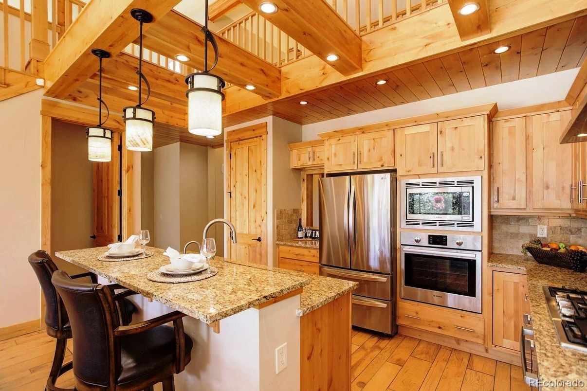 Interior, Kitchen, Pendant Lights, Recessed Lighting, Stainless Steel Appliances, Wooden Beams, Wooden Ceilings, Wood Texture Flooring