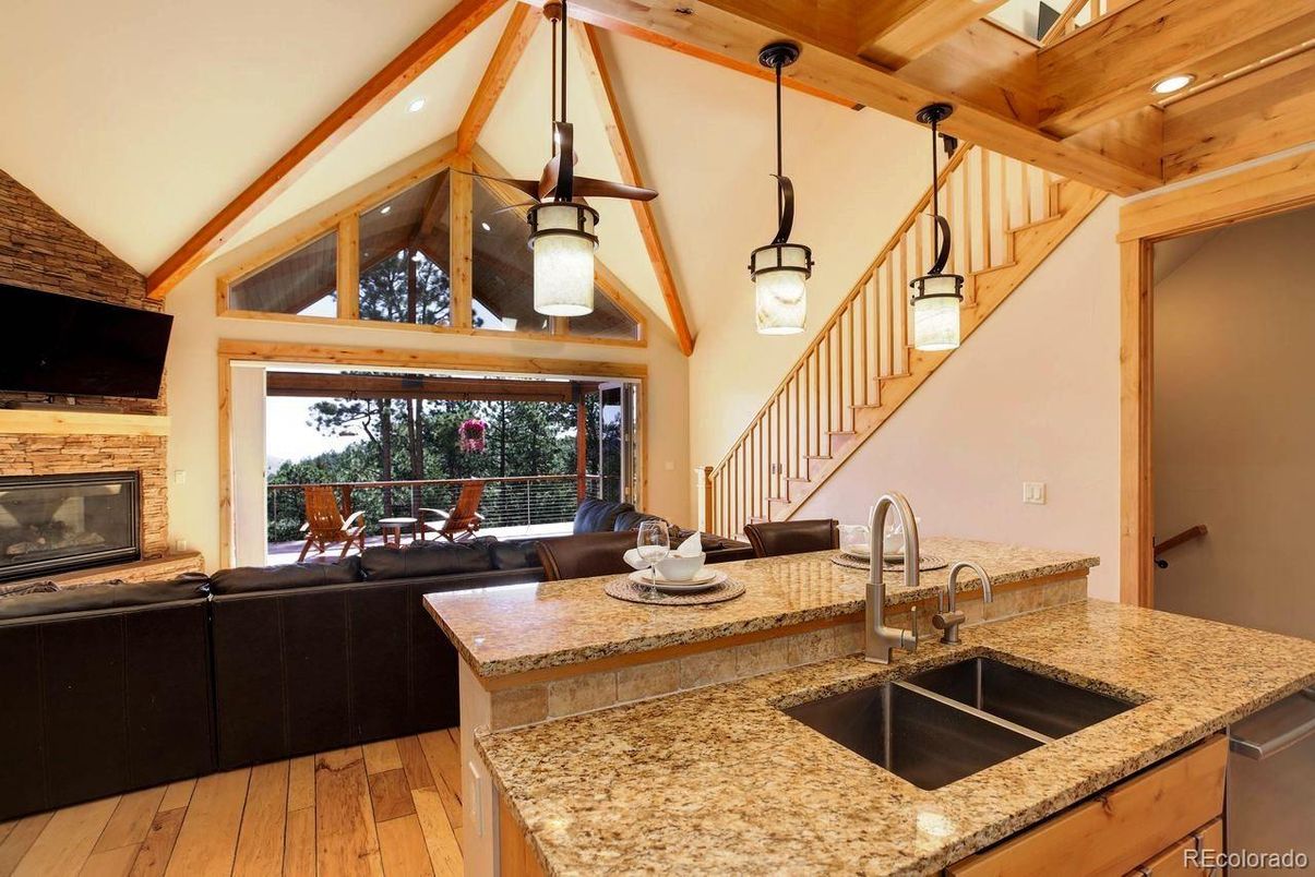 Fireplace, Interior, Living room, Pendant Lights, Recessed Lighting, Wooden Beams, Wooden Ceilings, Wood Texture Flooring