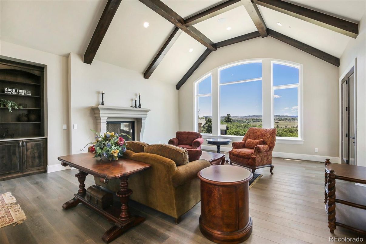 Fireplace, Interior, Living room, Recessed Lighting, Wooden Beams, Wood Texture Flooring