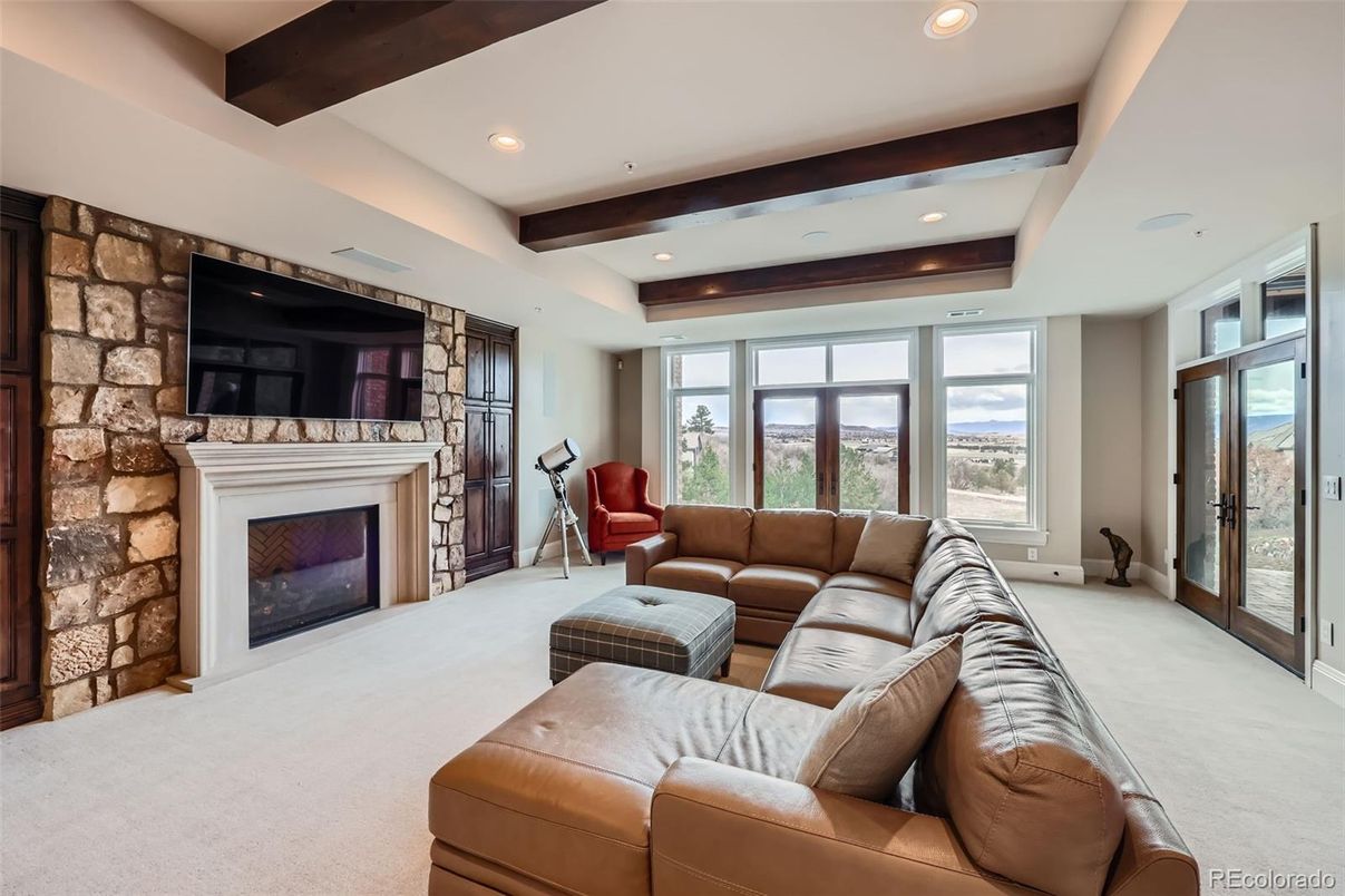 Fireplace, Interior, Living room, Recessed Lighting, Stone Walls, Wooden Beams