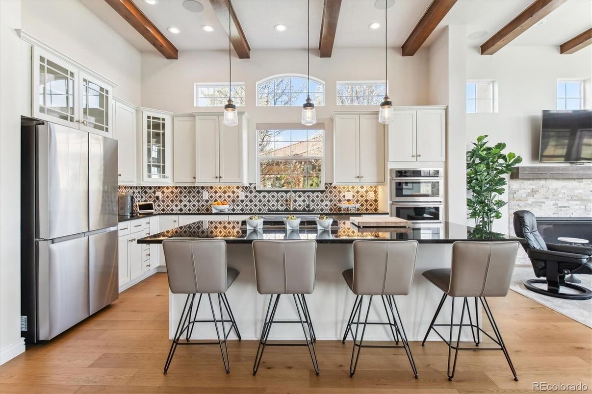 Interior, Kitchen, Pendant Lights, Recessed Lighting, Stainless Steel Appliances, Wooden Beams, Wood Texture Flooring