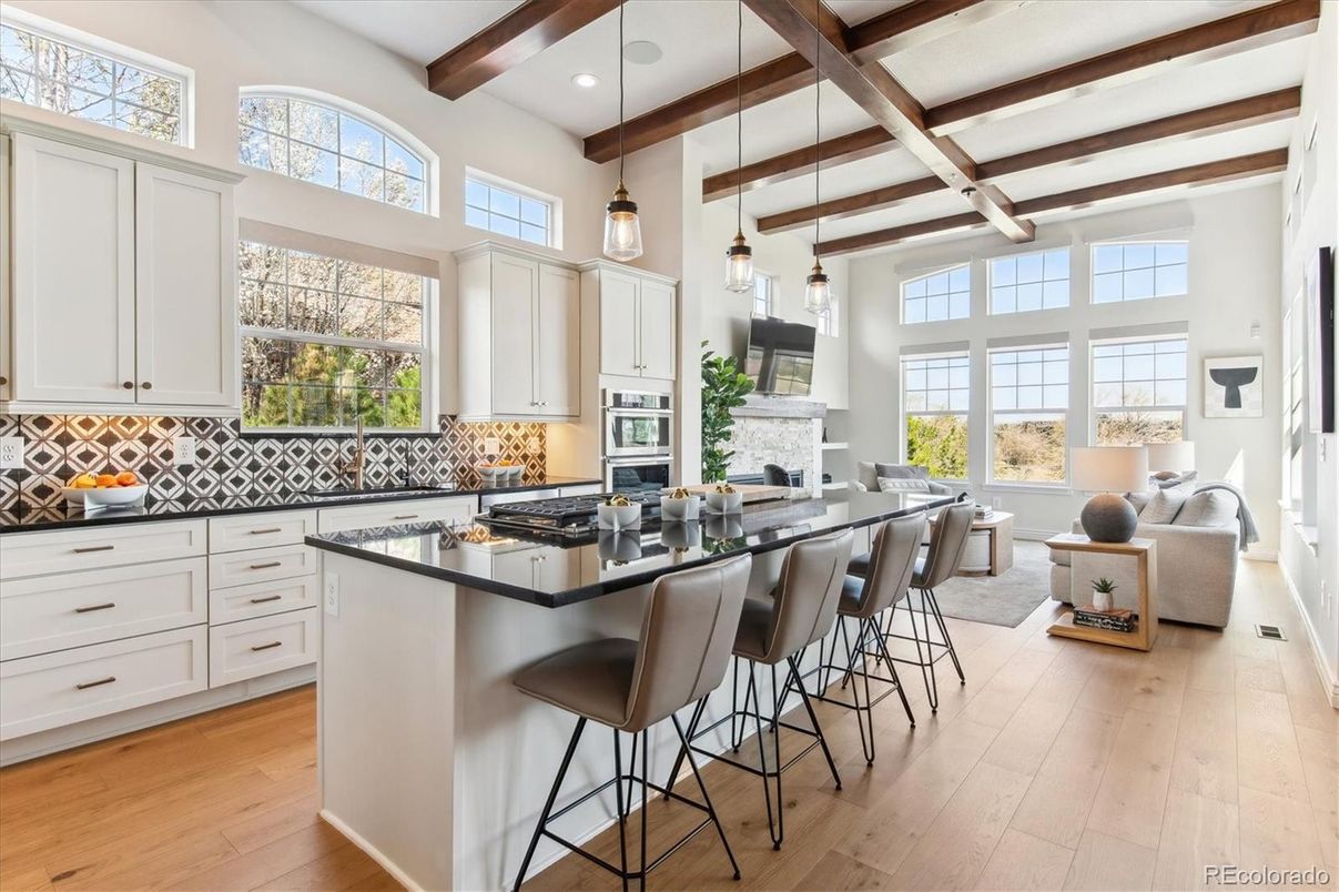 Fireplace, Interior, Kitchen, Pendant Lights, Recessed Lighting, Stainless Steel Appliances, Wooden Beams, Wood Texture Flooring