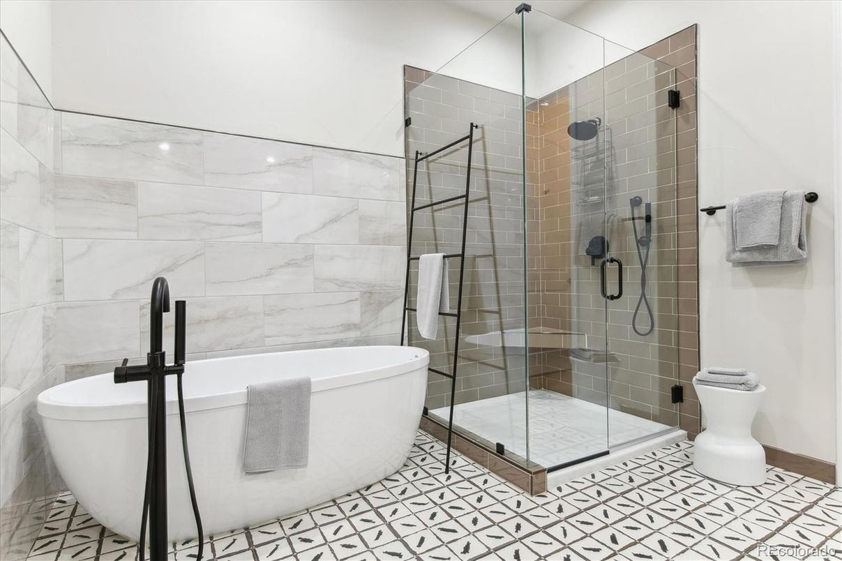 Bathroom, Free Standing Baths, Glass Shower, Interior, Marble Walls