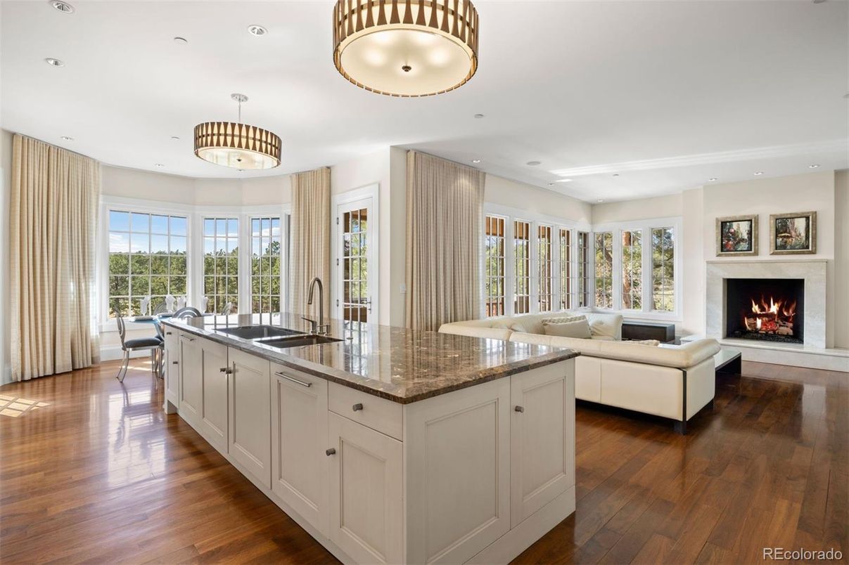 Fireplace, Interior, Kitchen, Living room, Pendant Lights, Recessed Lighting, Wood Texture Flooring