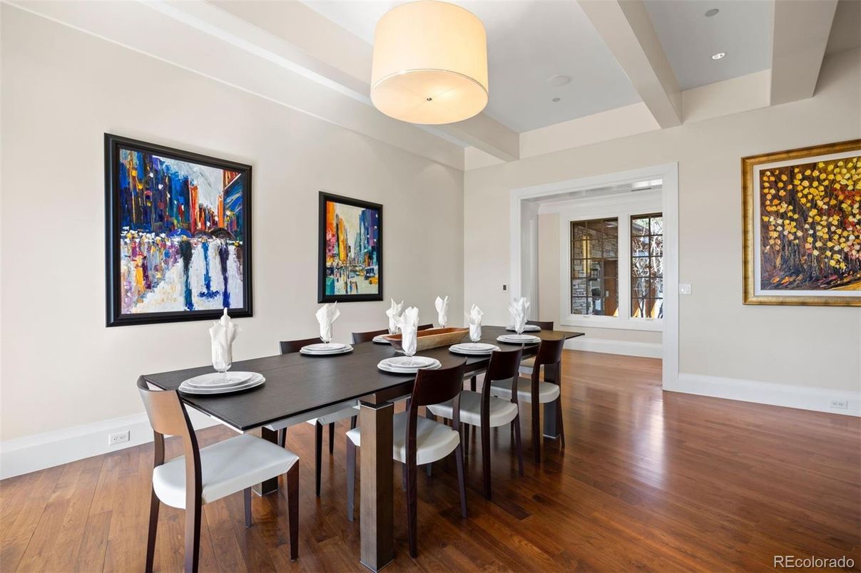 Dining room, Interior, Recessed Lighting, Wood Texture Flooring