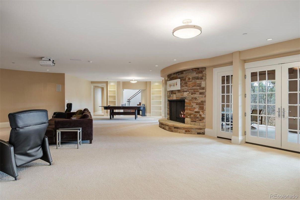 Billiard Table, Fireplace, Game Room, Interior, Living room, Recessed Lighting, Stone Walls