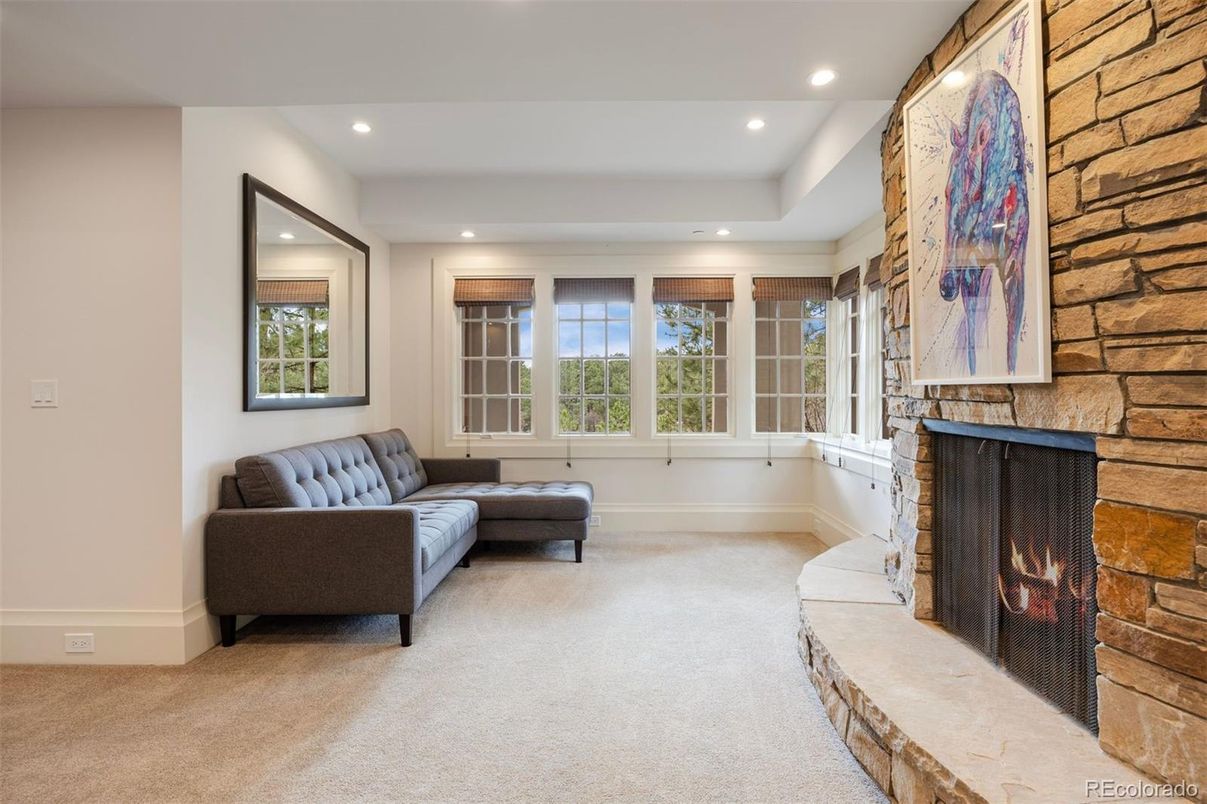 Fireplace, Interior, Recessed Lighting, Stone Walls