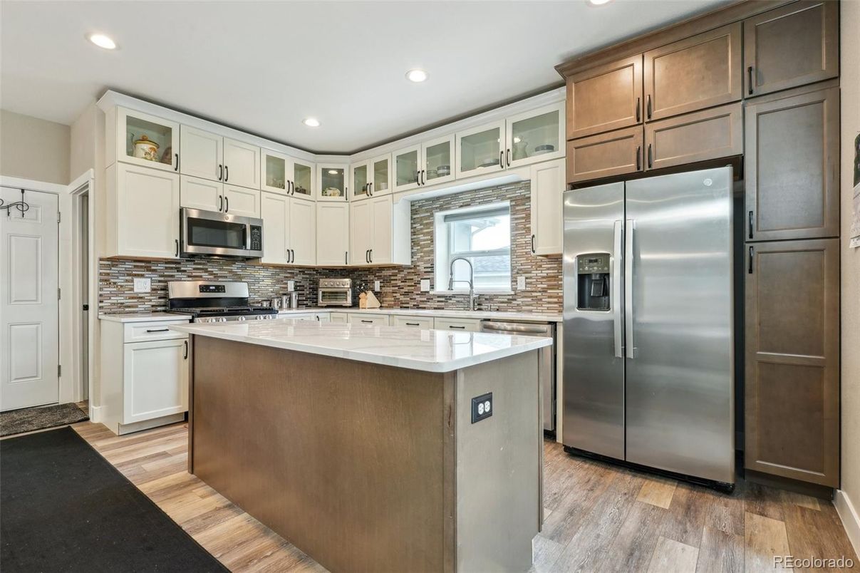 Interior, Kitchen, Recessed Lighting, Stainless Steel Appliances, Wood Texture Flooring