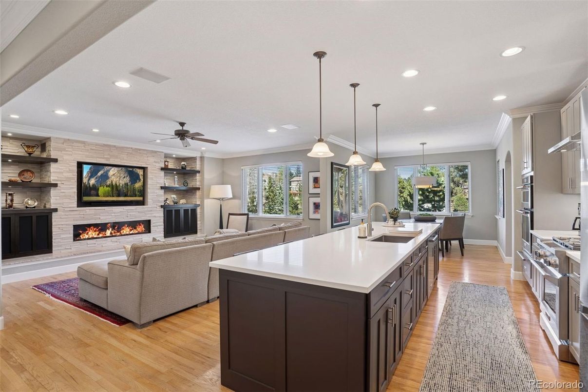 Dining room, Fireplace, Interior, Kitchen, Living room, Pendant Lights, Recessed Lighting, Stone Walls, Wood Texture Flooring