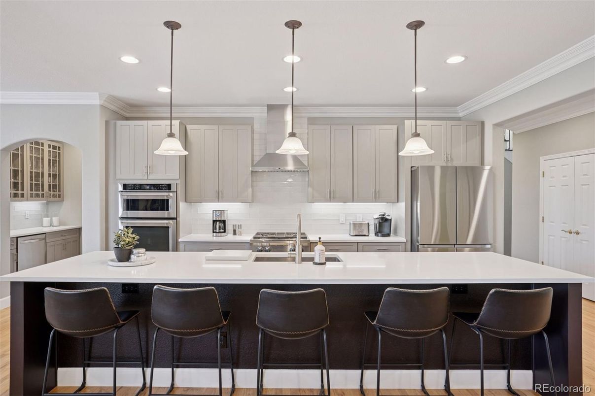 Interior, Kitchen, Pendant Lights, Recessed Lighting, Stainless Steel Appliances, Wood Texture Flooring